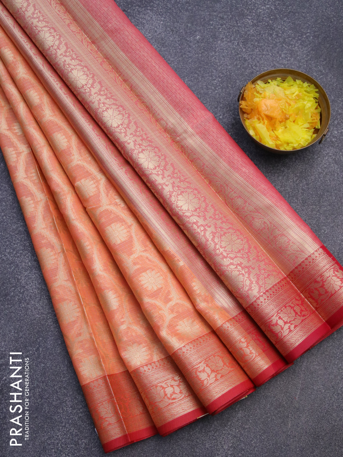 Banarasi kota saree peach orange and red with allover zari woven floral weaves and zari woven border