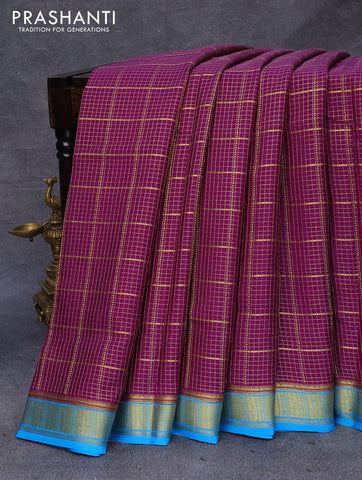 Pure mysore silk saree purple and cs blue with allover zari checked pattern and zari woven border