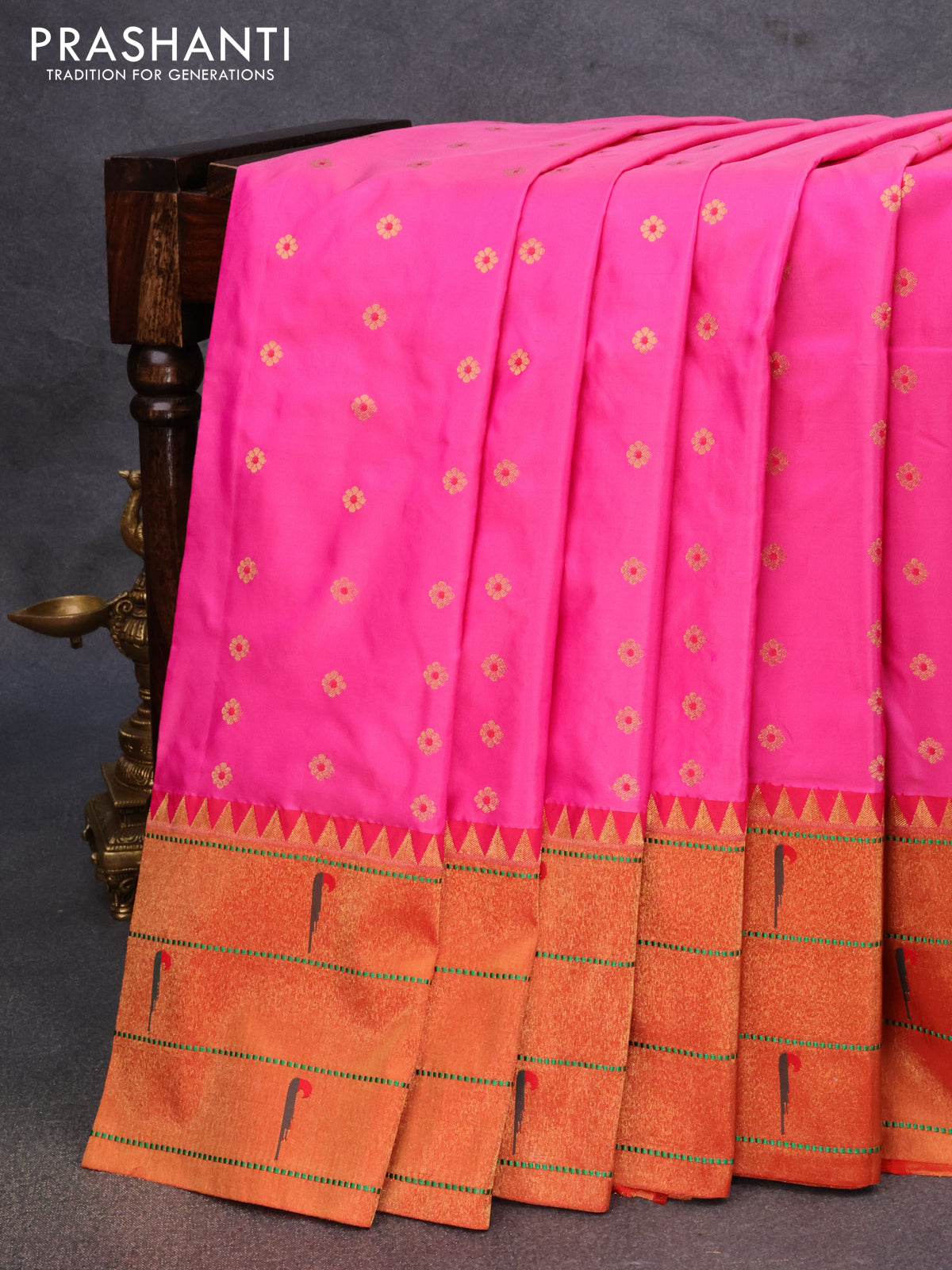 Pure paithani silk saree pink and red with allover zari woven floral buttas and zari woven paithani butta border