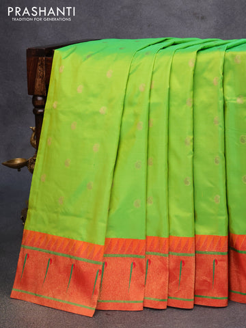 Pure paithani silk saree light green and red with allover paisley zari woven buttas and zari woven paithani butta border
