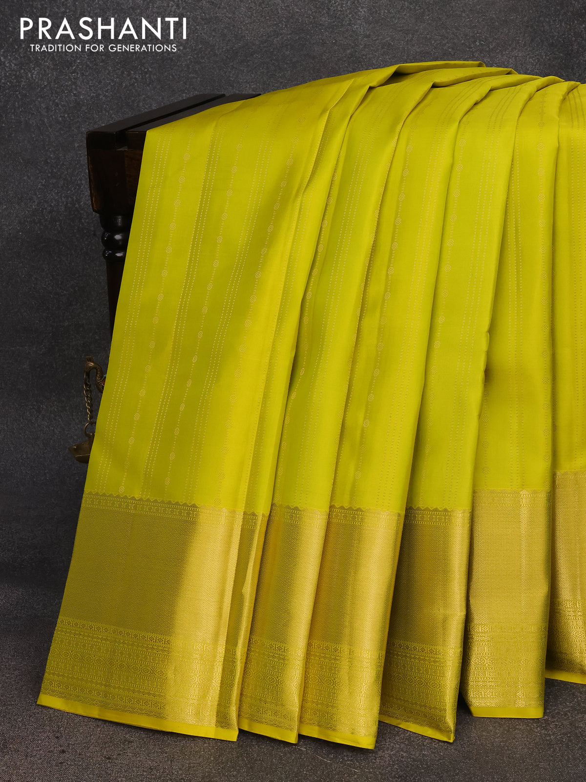 Pure kanjivaram silk saree lime yellow and purple with allover zari weaves and zari woven border