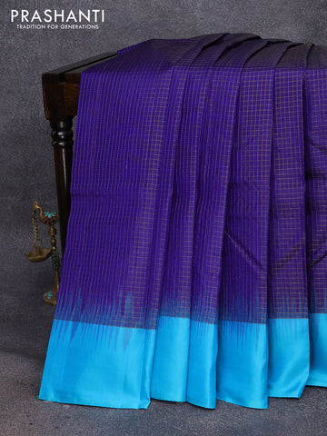 Pure kanjivaram silk saree blue and light blue with allover zari checked pattern and simple border