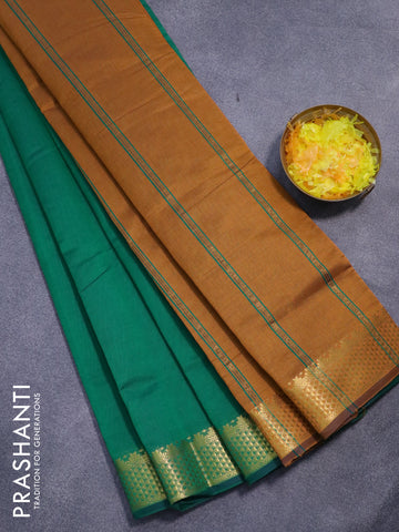 10 yards semi silk cotton saree green and dark mustard with plain body and zari woven border