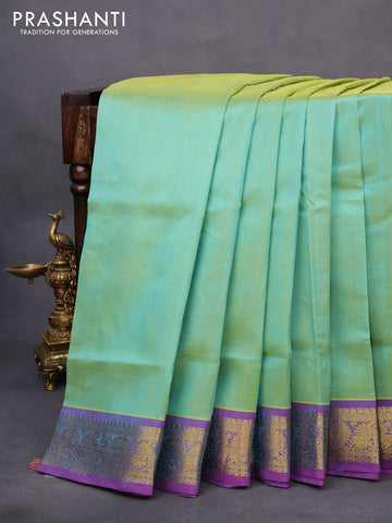 10 yards silk cotton saree teal blue and purple with plain body and annam zari woven border