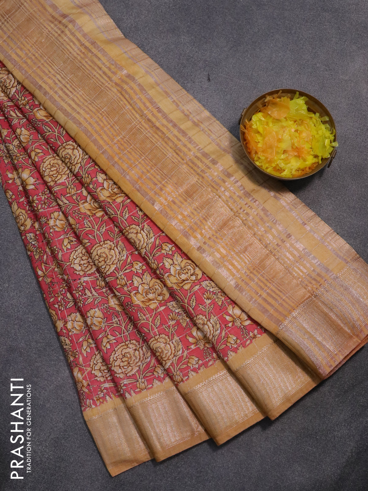 Semi gadwal saree pink shade and mustard shade with allover zari checks & floral prints and zari woven border