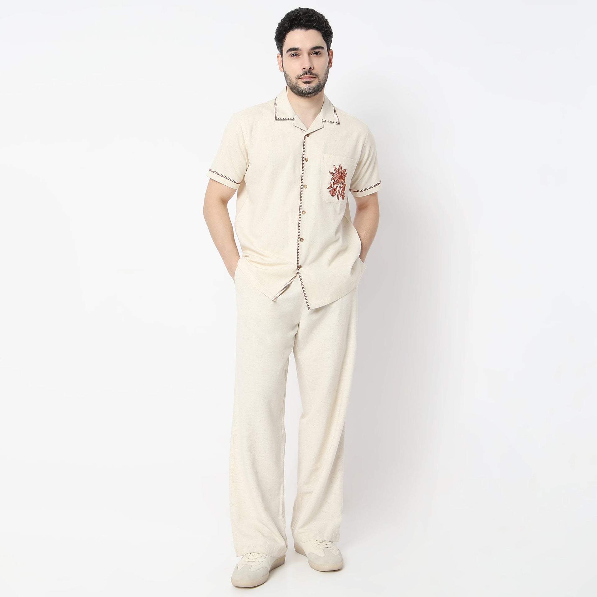 Artistryᵉˣ Natural Embroidered Relaxed Fit  Half Sleeve Cuban Shirt