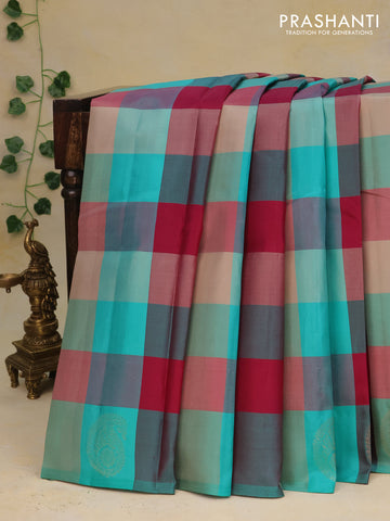 Pure kanchipuram silk saree multi colour and magenta pink teal blue with allover paalum pazhamum checked pattern and paisley zari woven butta border