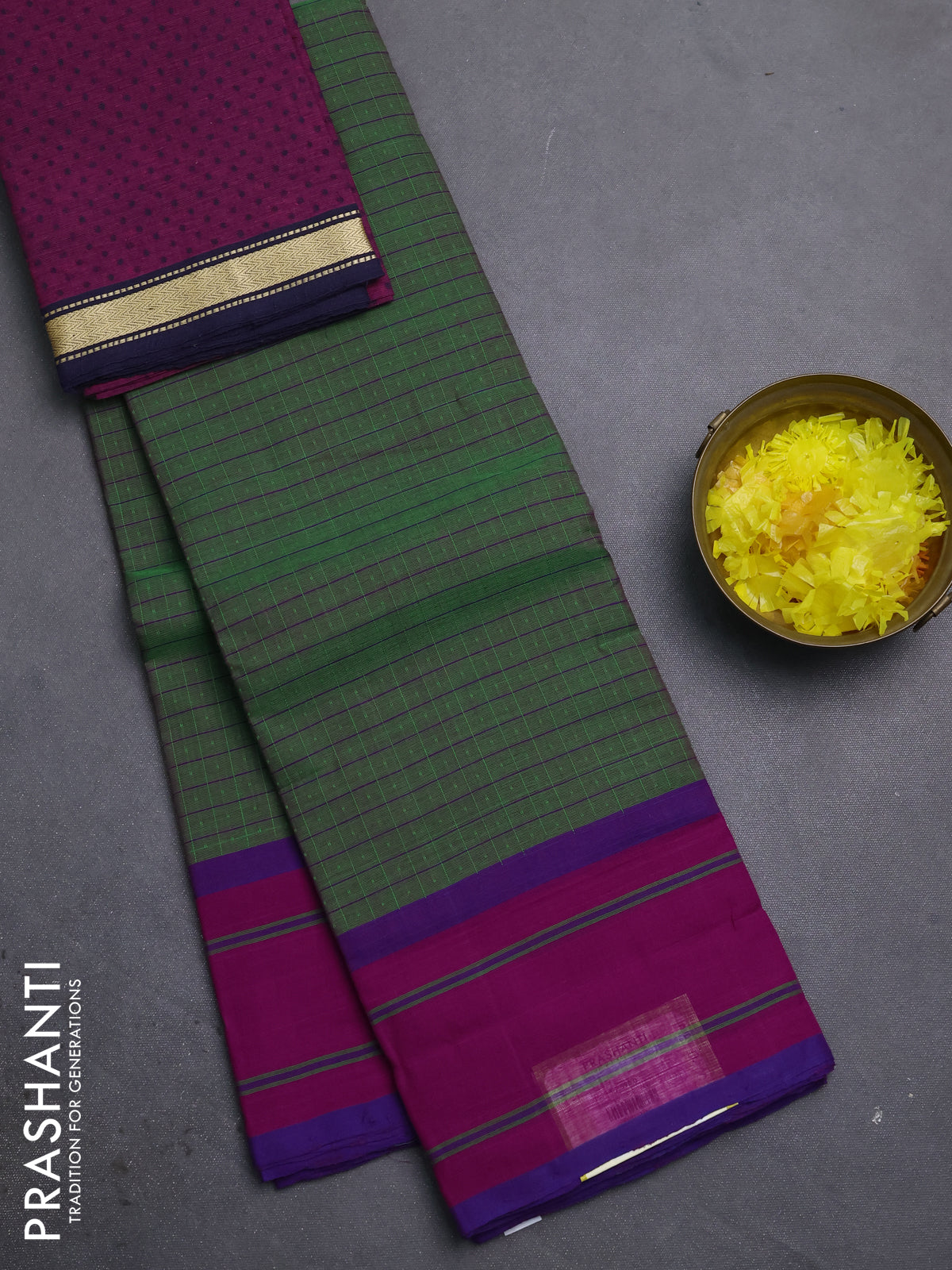 Chettinad cotton saree green and violet with allover checked pattern and simple border