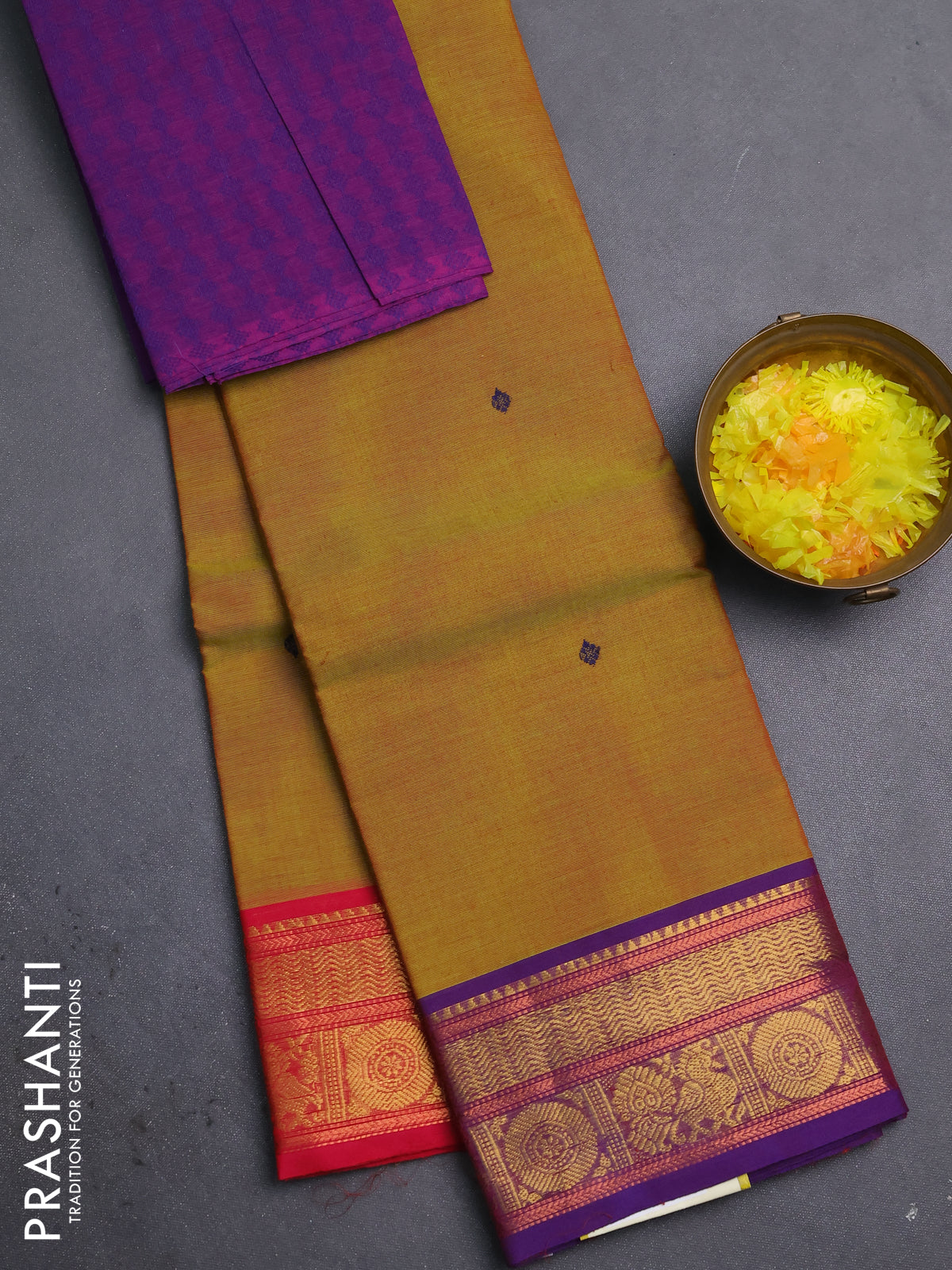 Chettinad cotton saree sap green and purple with thread woven buttas and ganga jamuna zari woven border