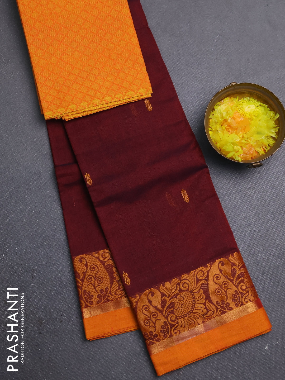 Chettinad cotton saree maroon and sunset orange with thread woven buttas and thread woven simple border