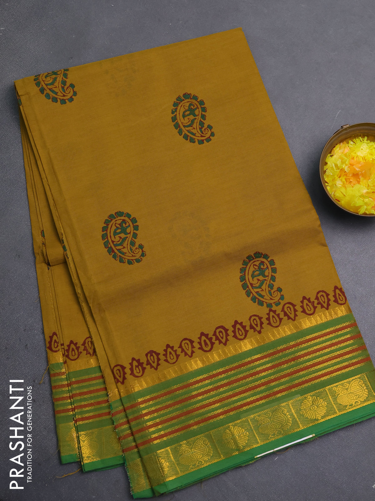 Chettinad cotton saree mustard green and green with butta prints and zari woven border