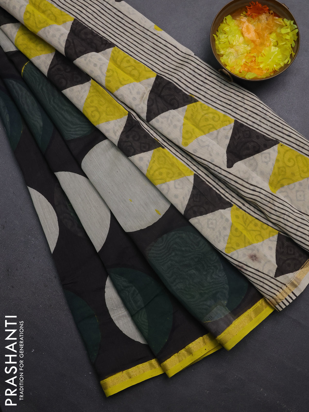 Chanderi bagru saree black and yellow with geometric butta prints and small zari woven border