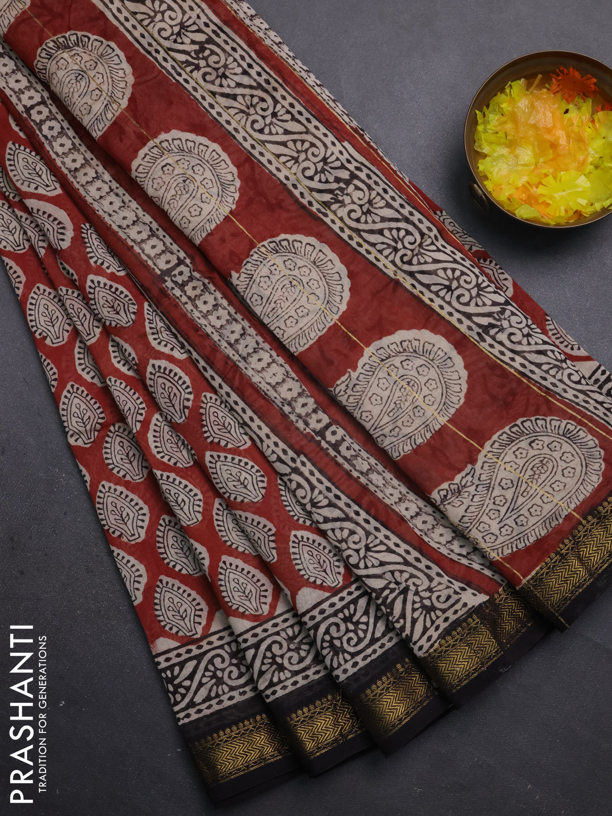 Chanderi bagru saree rust shade and black with allover butta prints and maheshwari border