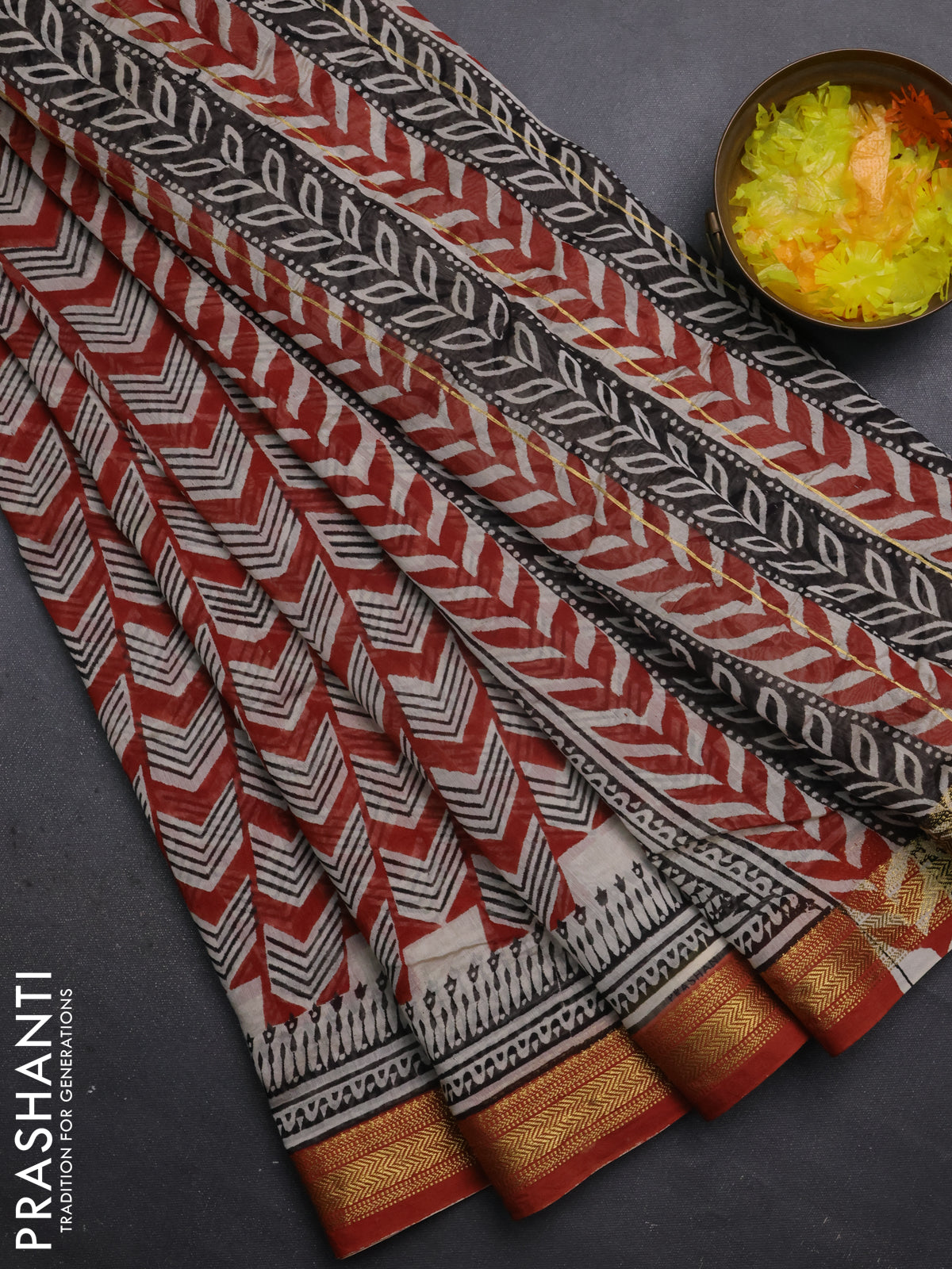 Chanderi bagru saree rustic maroon and beige with allover prints and maheshwari border