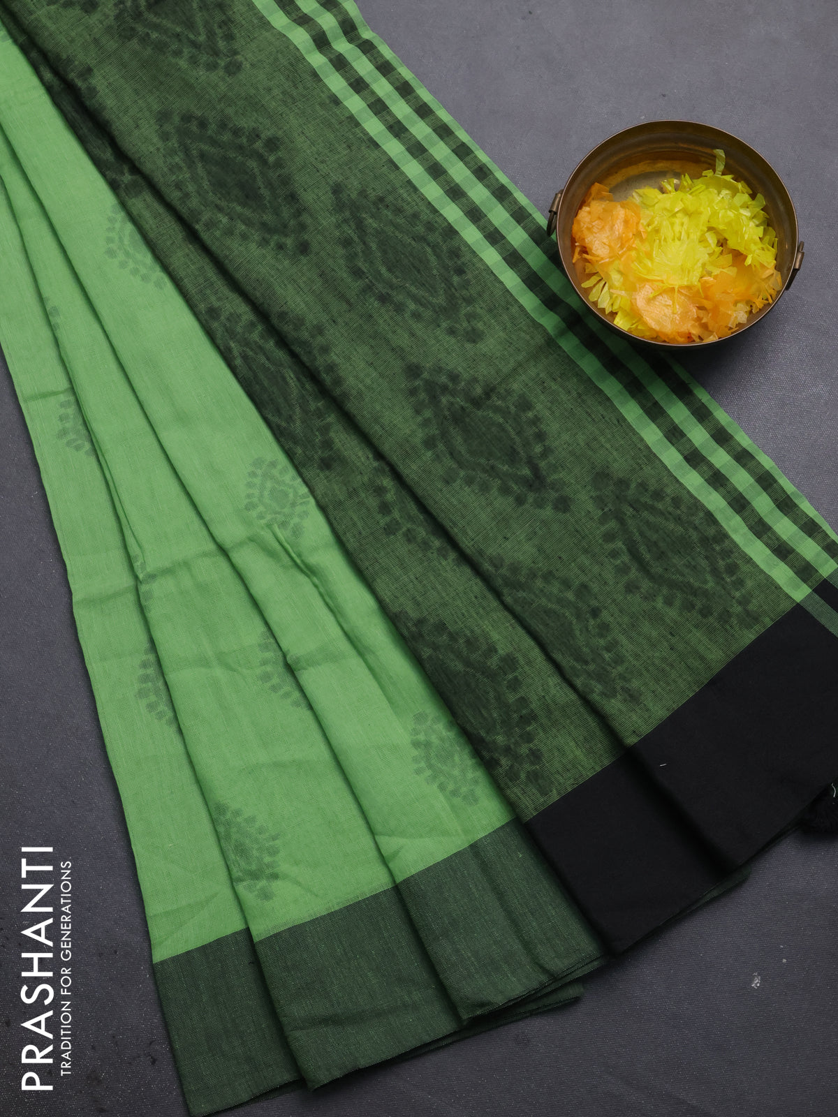Bengal soft cotton saree pista green and black with allover butta weaves and simple border
