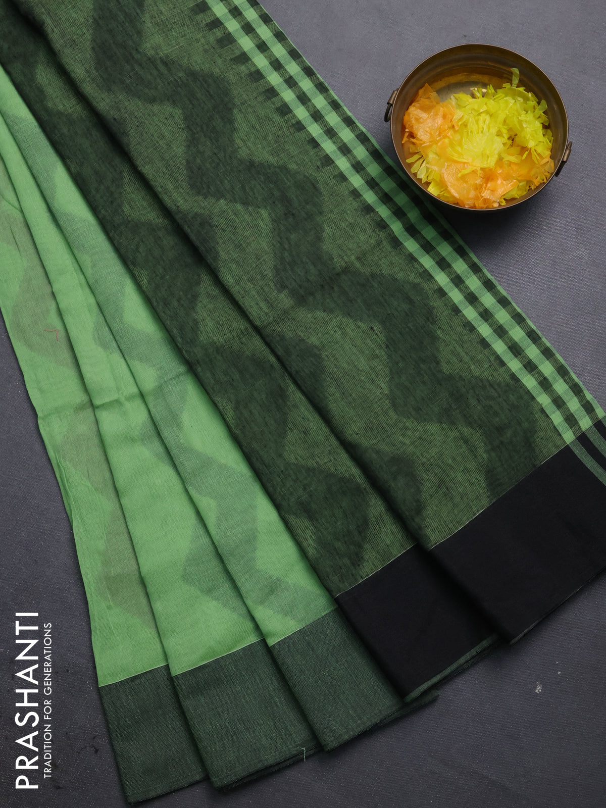 Bengal soft cotton saree pista green and black with allover weaves and simple border