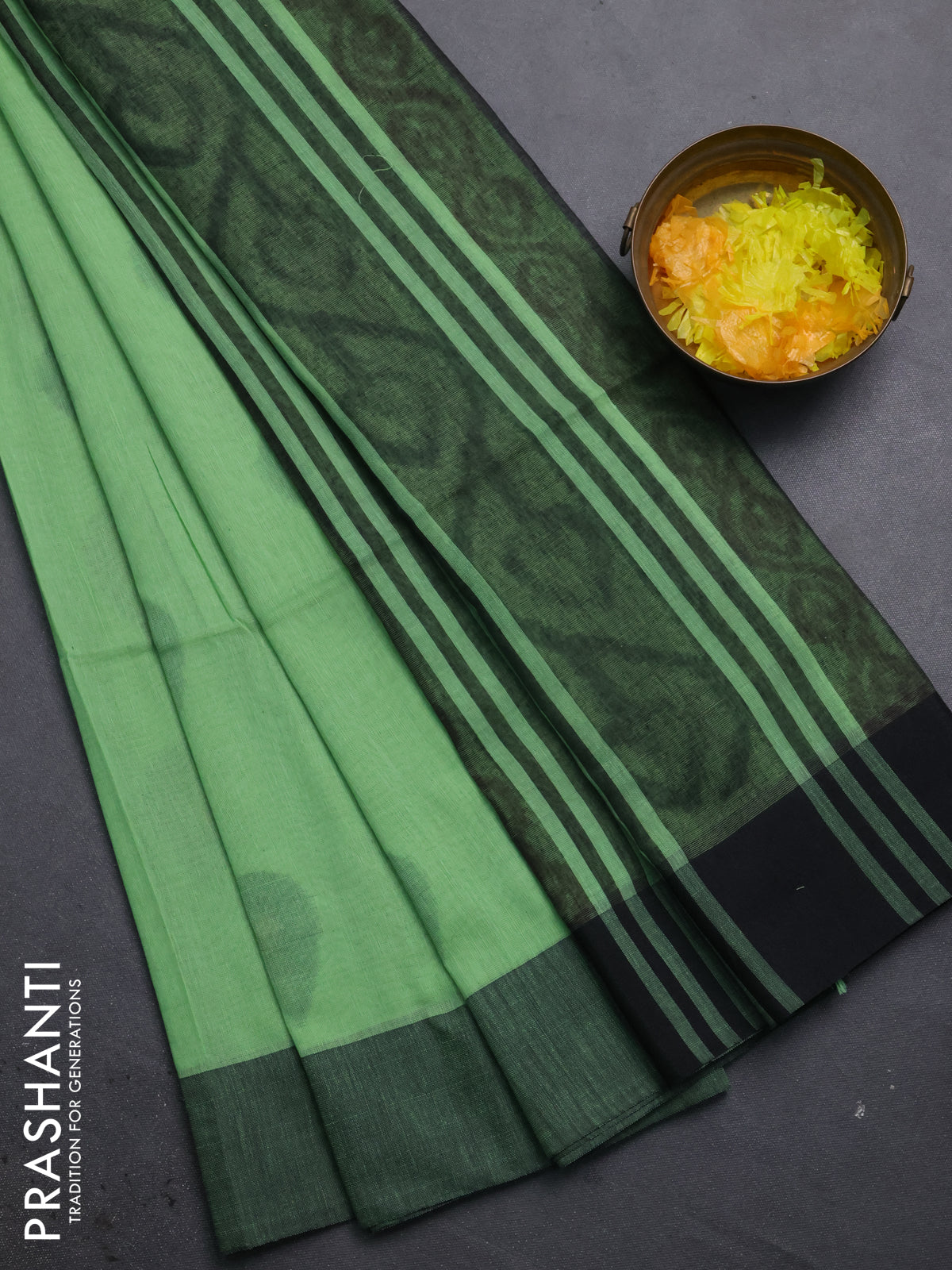 Bengal soft cotton saree pista green and black with allover butta weaves and simple border