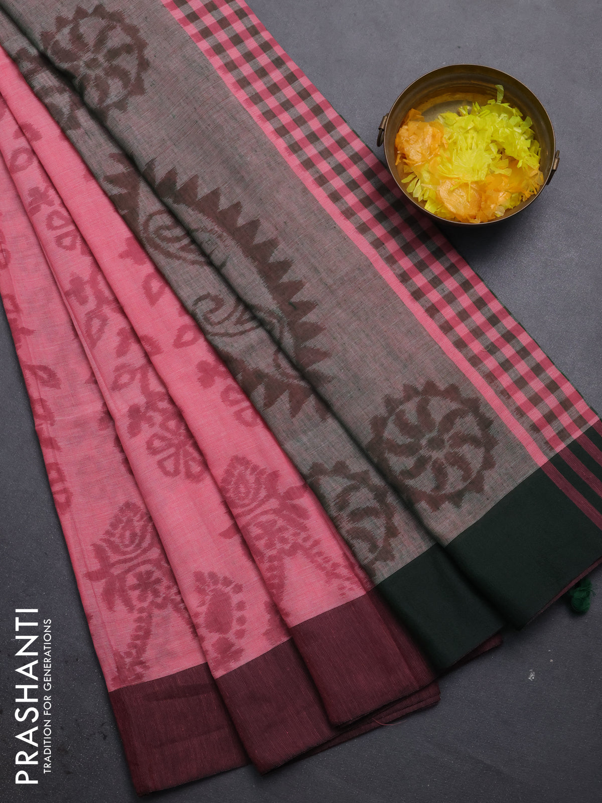 Bengal soft cotton saree peach pink and green with allover weaves and simple border