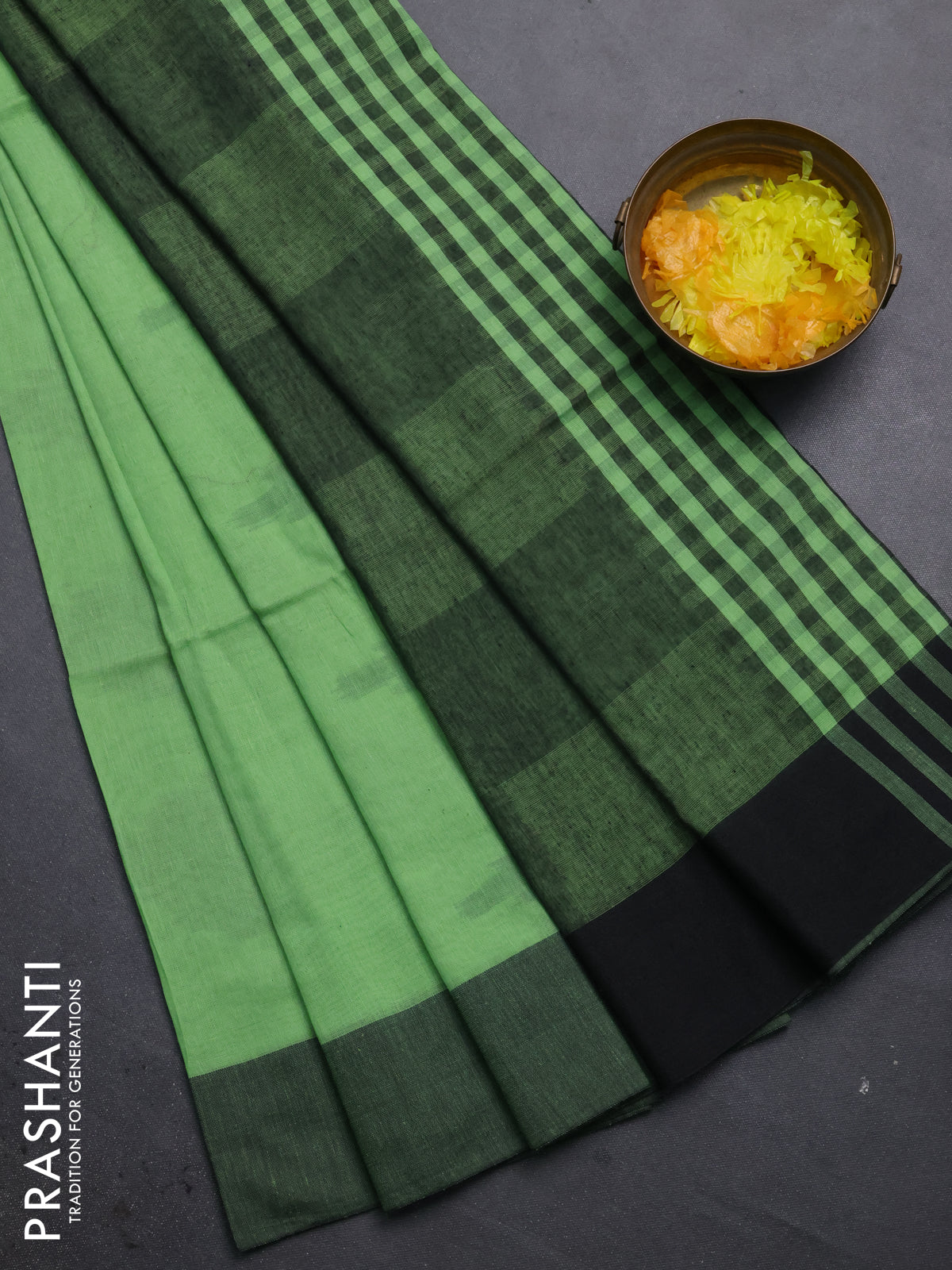 Bengal soft cotton saree pista green and black with allover weaves and simple border
