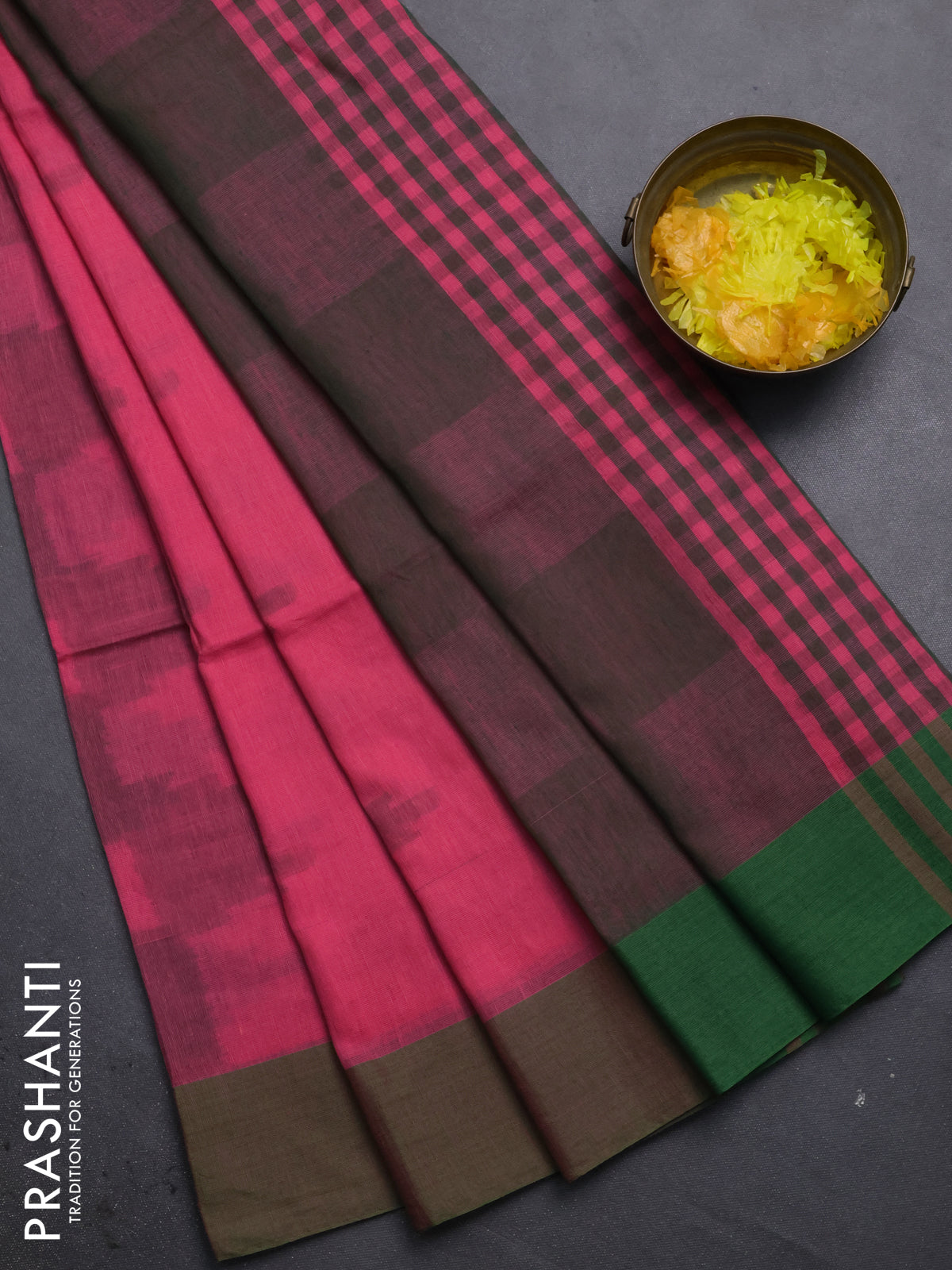 Bengal soft cotton saree peach pink and green with allover weaves and simple border