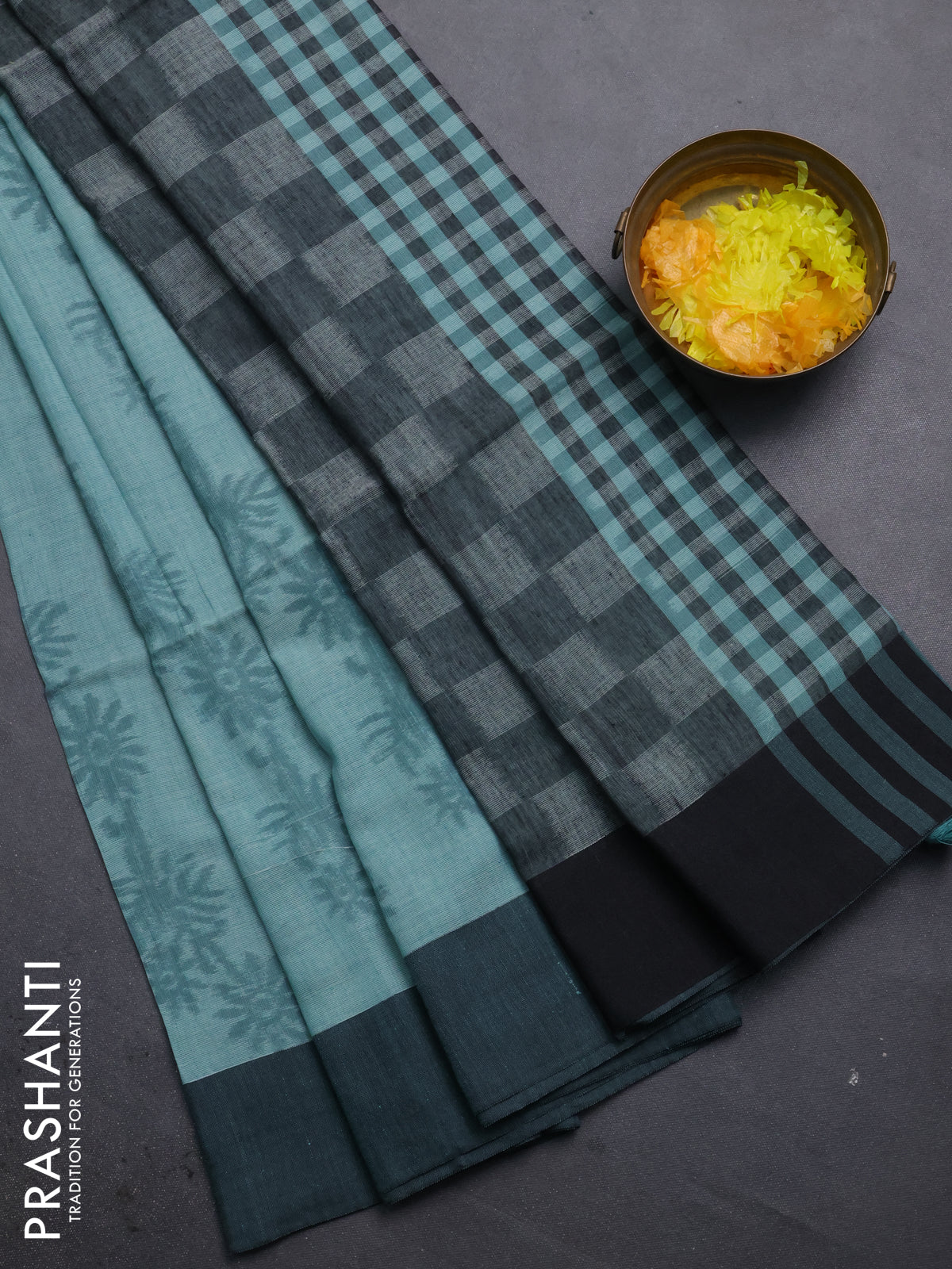 Bengal soft cotton saree teal blue and black with allover weaves and simple border