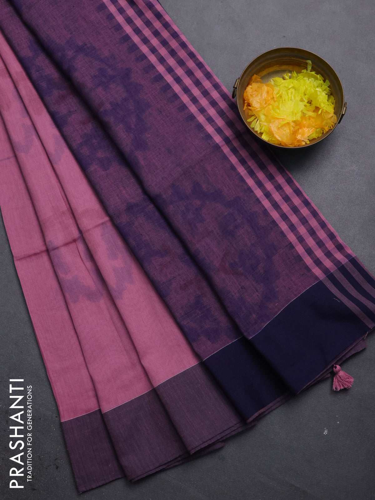 Bengal soft cotton saree pastel pink and navy blue with allover butta weaves and simple border