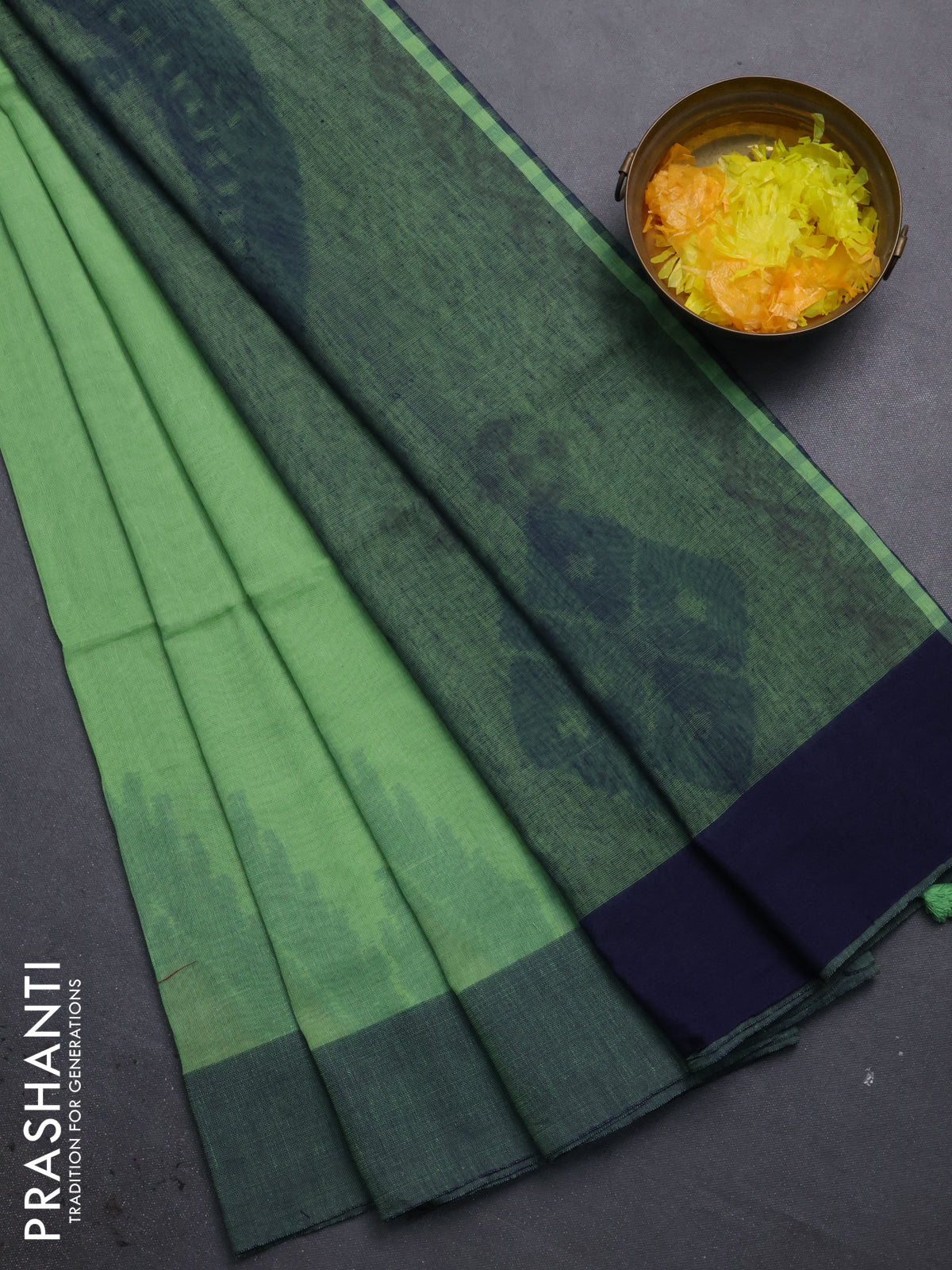 Bengal soft cotton saree pista green and navy blue with allover butta weaves and simple border