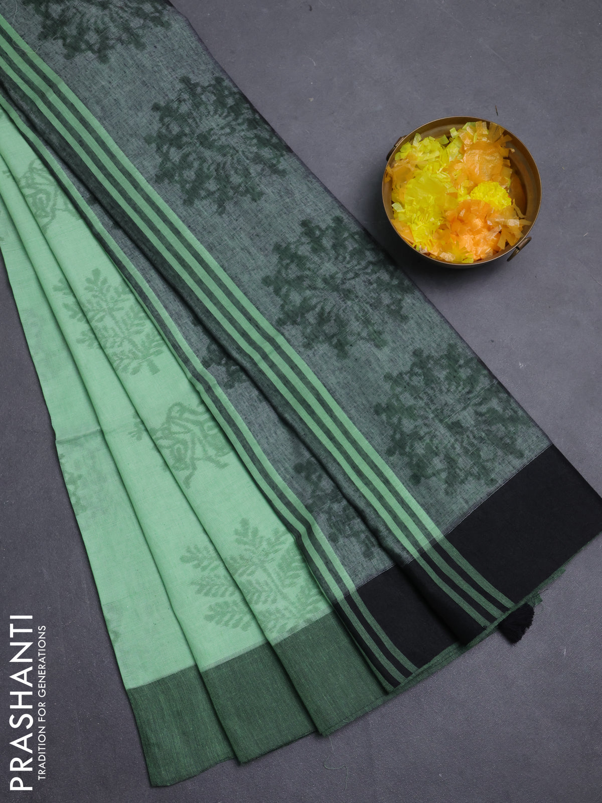 Bengal soft cotton saree pista green and black with butta weaves and simple border