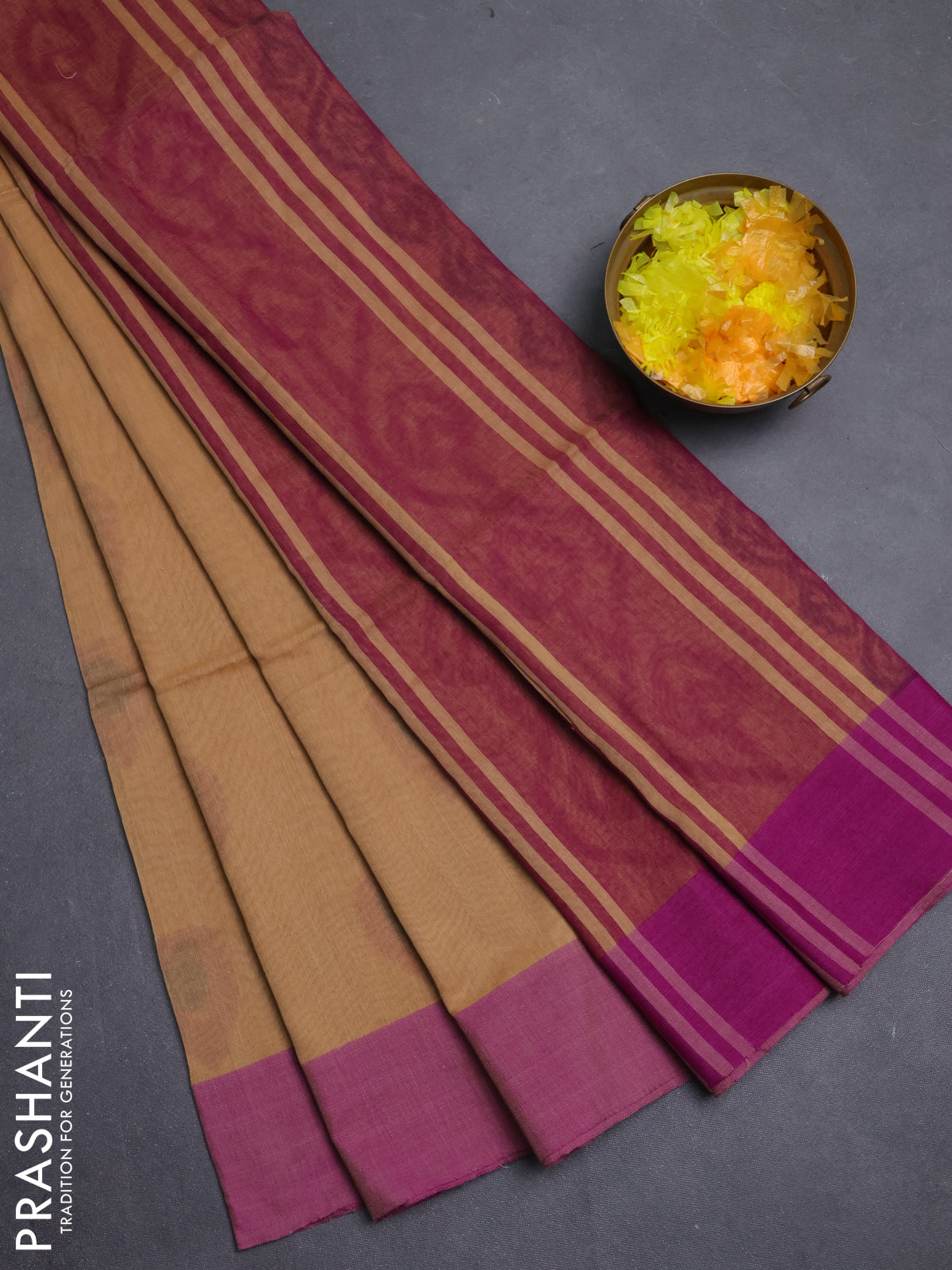 Bengal soft cotton saree sandal and purple with allover weaves and simple border