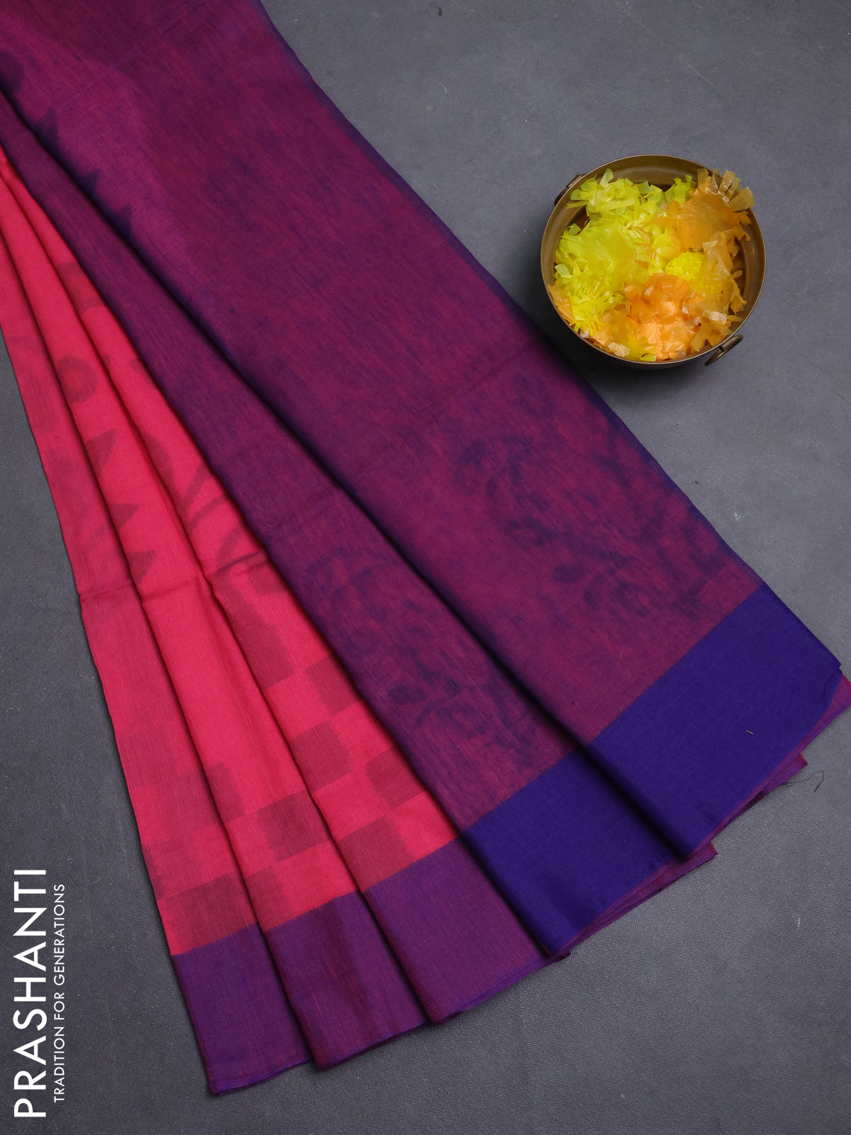 Bengal soft cotton saree peach pink and blue with allover butta weaves and simple border