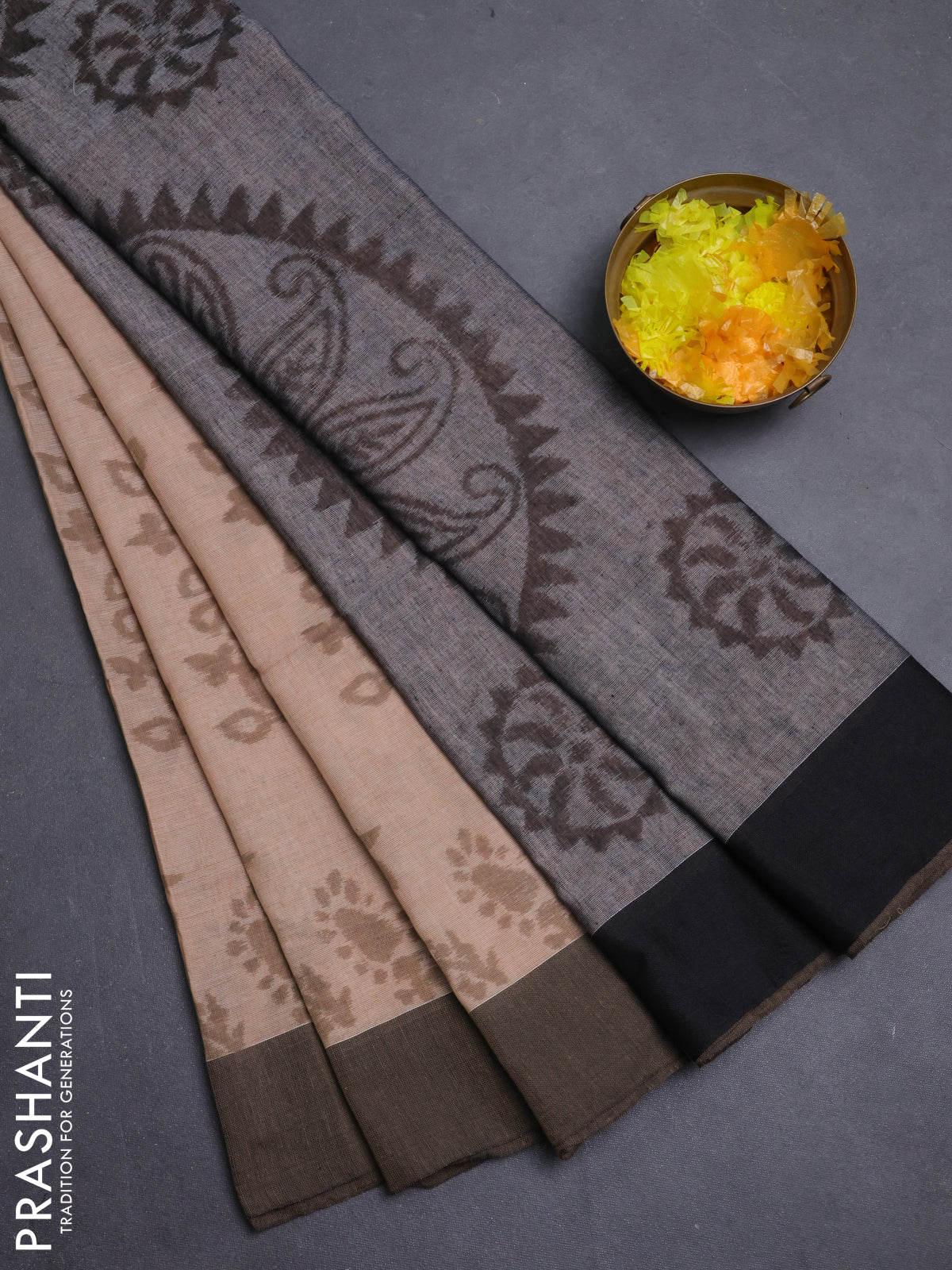 Bengal soft cotton saree sandal and black with allover weaves and simple border