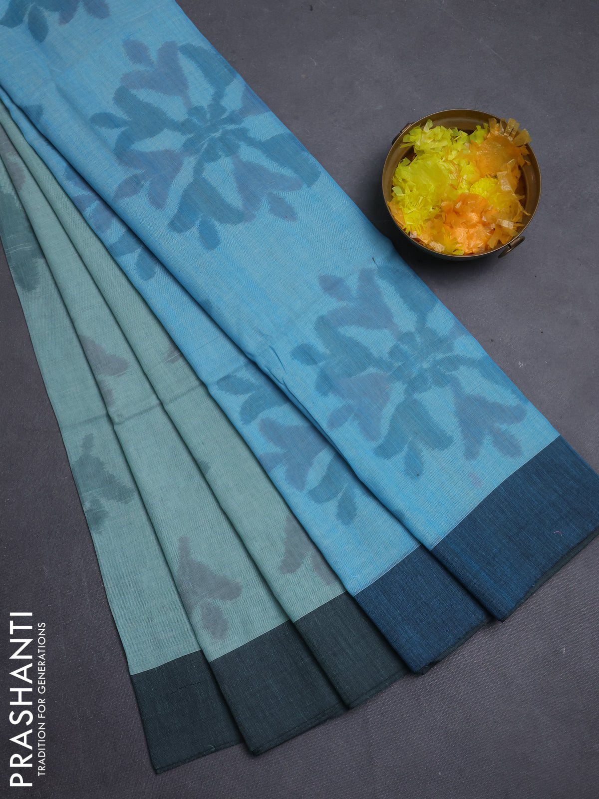 Bengal soft cotton saree teal blue and pastel green with allover weaves and simple border