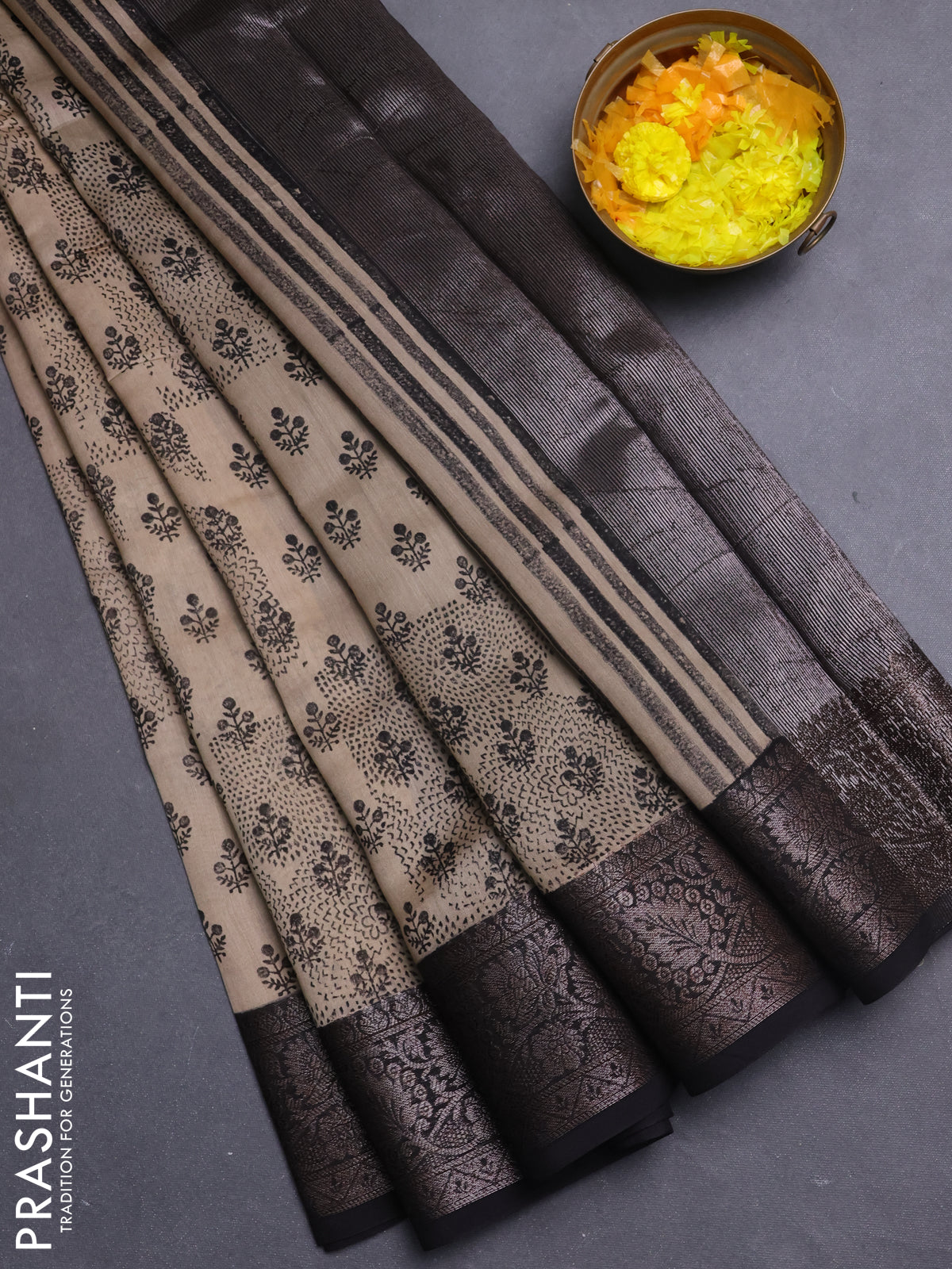 Chanderi silk cotton saree beige and black with allover prints and banarasi style border