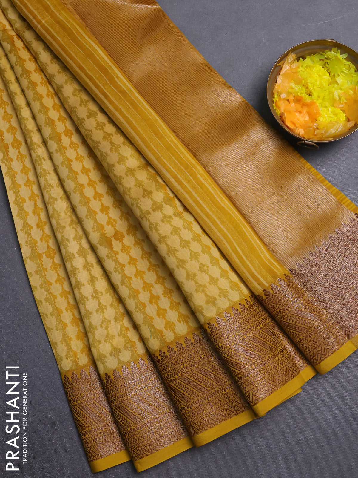 Chanderi silk cotton saree mustard yellow with allover prints and banarasi style border