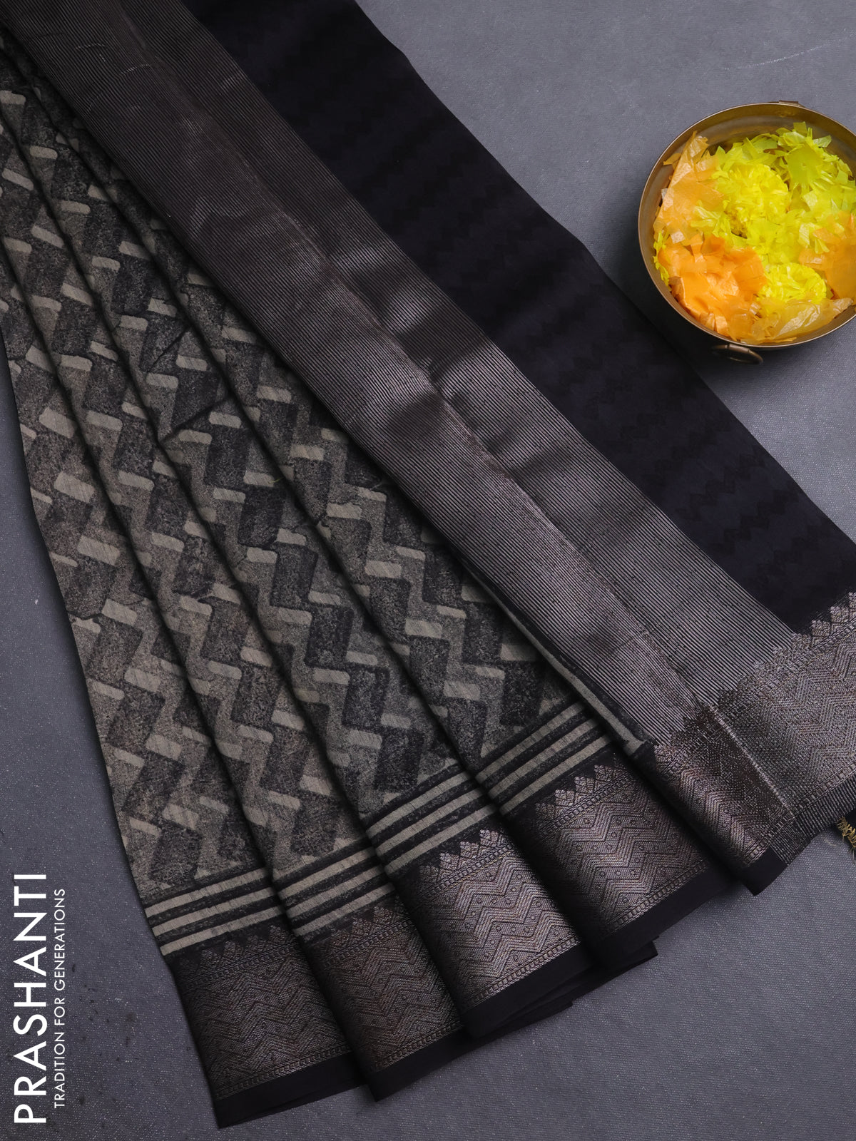 Chanderi silk cotton saree black with allover zig zag prints and banarasi style border