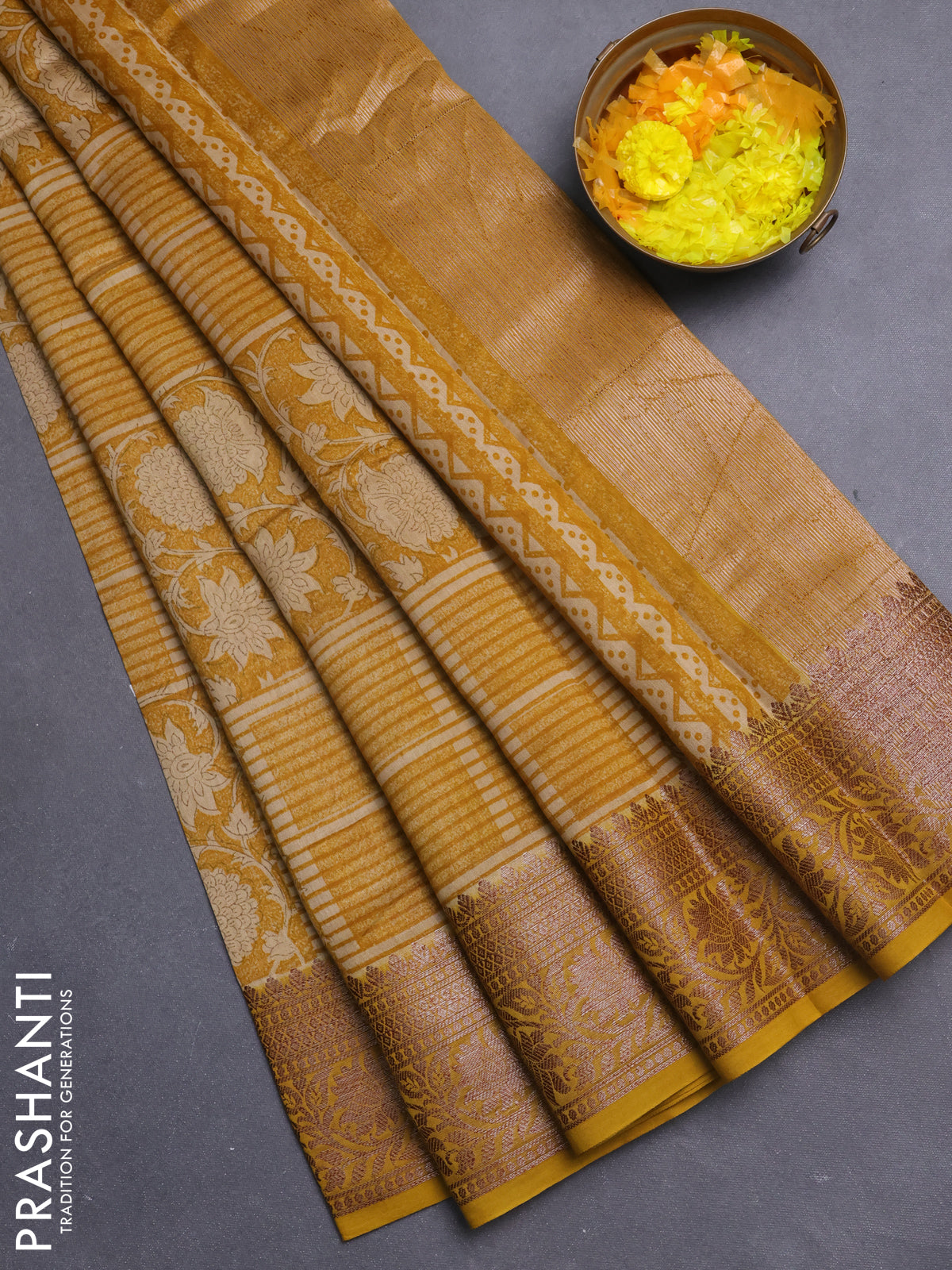 Chanderi silk cotton saree mustard yellow with allover prints and banarasi style border