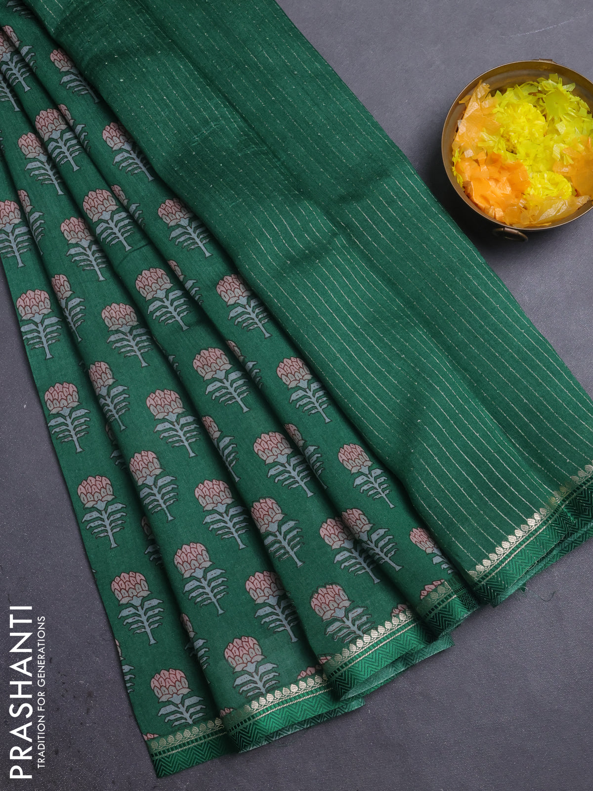 Chanderi silk cotton saree green with allover floral prints and zari woven border