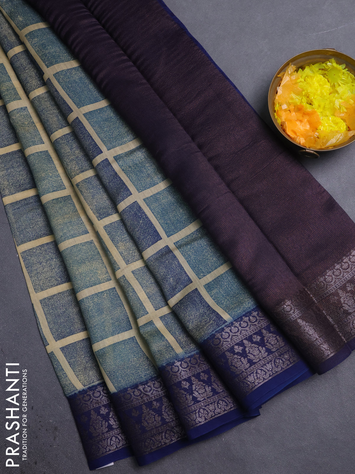 Chanderi silk cotton saree sandal and navy blue with allover geometric prints ans banarasi style border