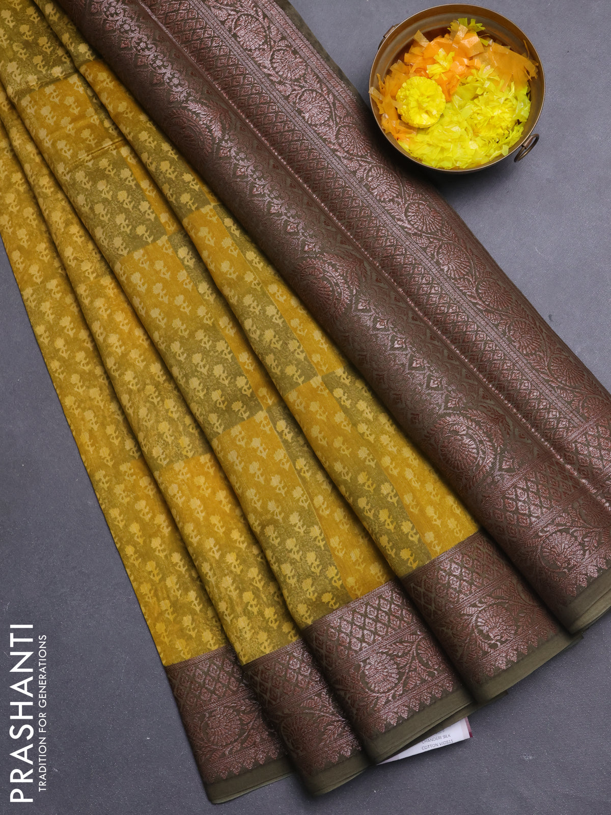Chanderi silk cotton saree dark mustard and grey shade with allover prints and banarasi style border