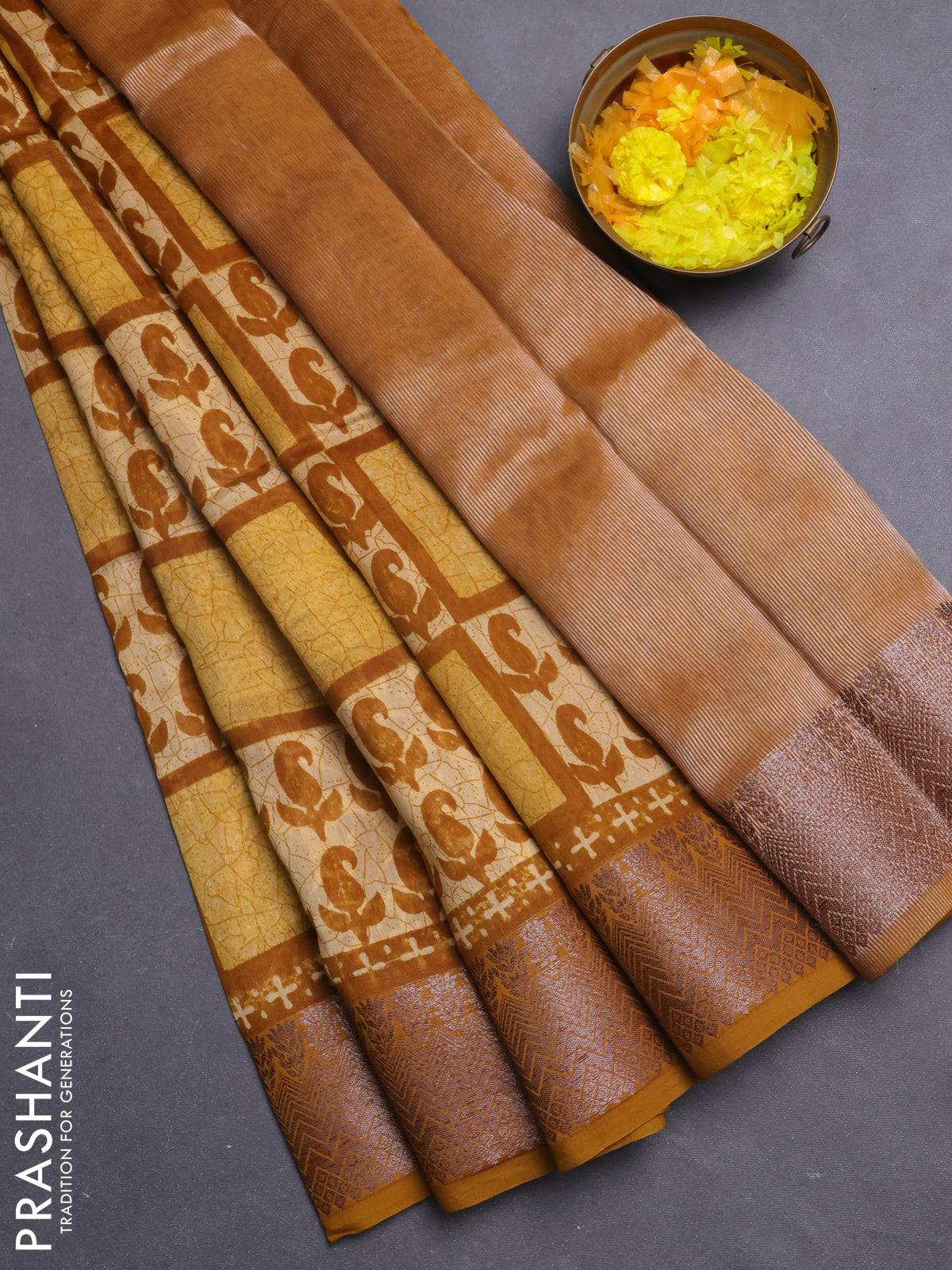 Chanderi silk cotton saree dark mustard with allover paisley butta prints and banarasi style border