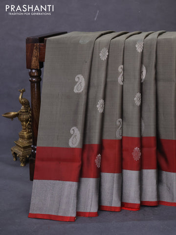 Pure uppada silk saree grey and maroon with silver zari woven buttas and silver zari woven border