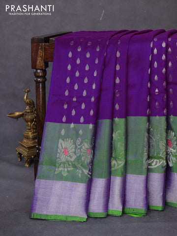 Pure uppada silk saree purple and parrot green with allover silver zari woven buttas weaves and zari woven border