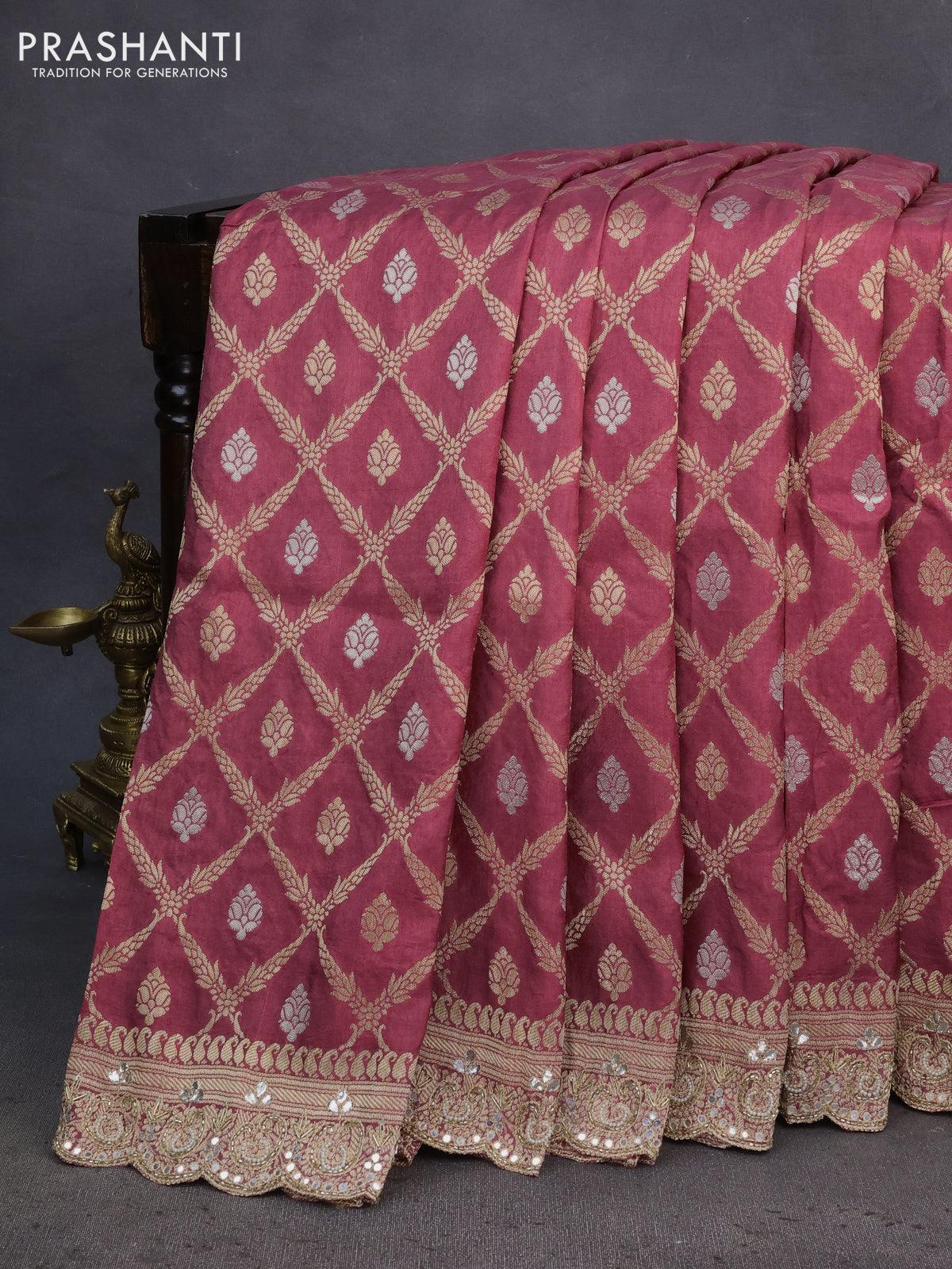 Banarasi silk saree pastel maroon shade with allover banarasi zari weaves and gotapatti lace work border