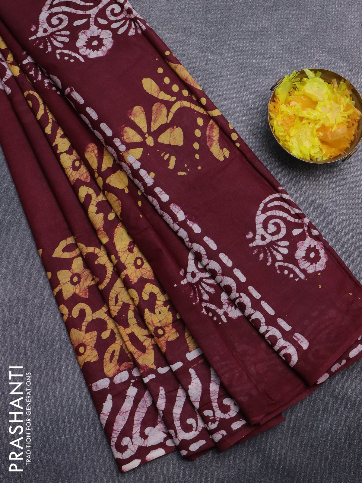 Batik cotton saree deep marron and mustard yellow with batik prints and long printed border