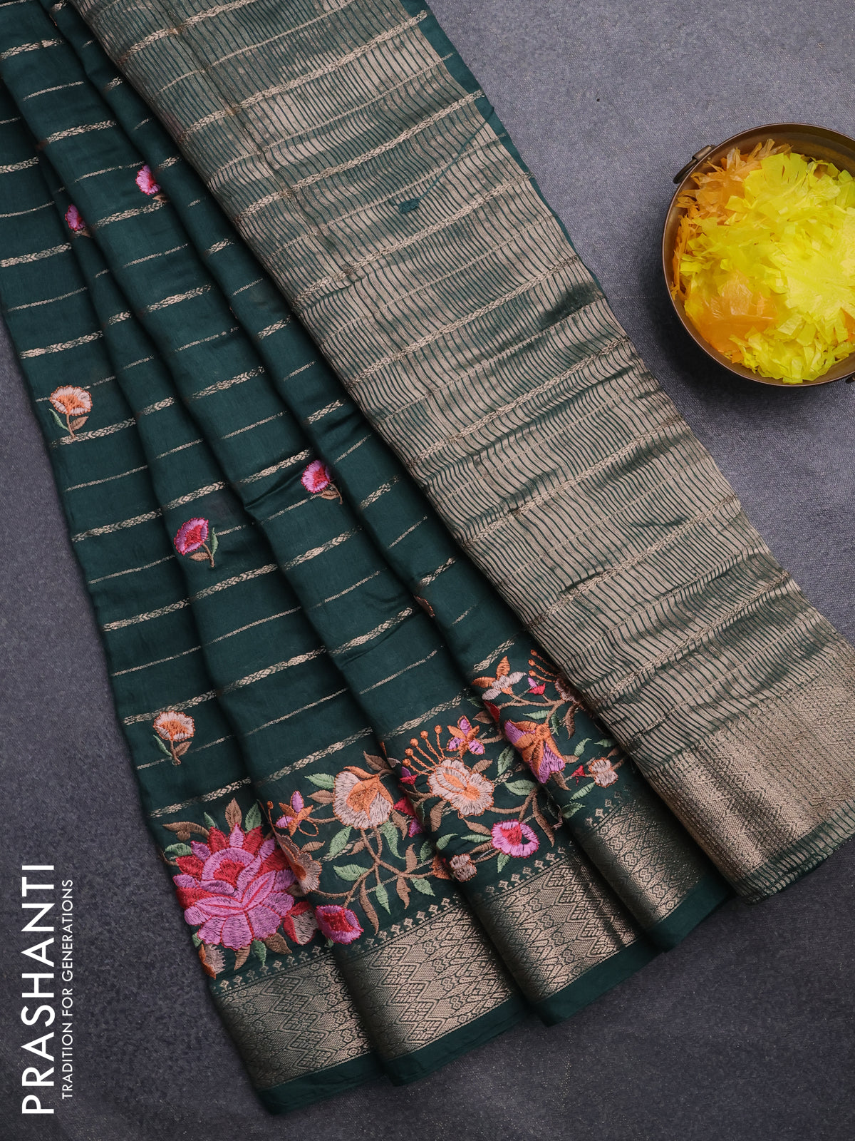 Assam silk saree bottle green with allover zari weaves & floral embroidery work buttas and zari woven border