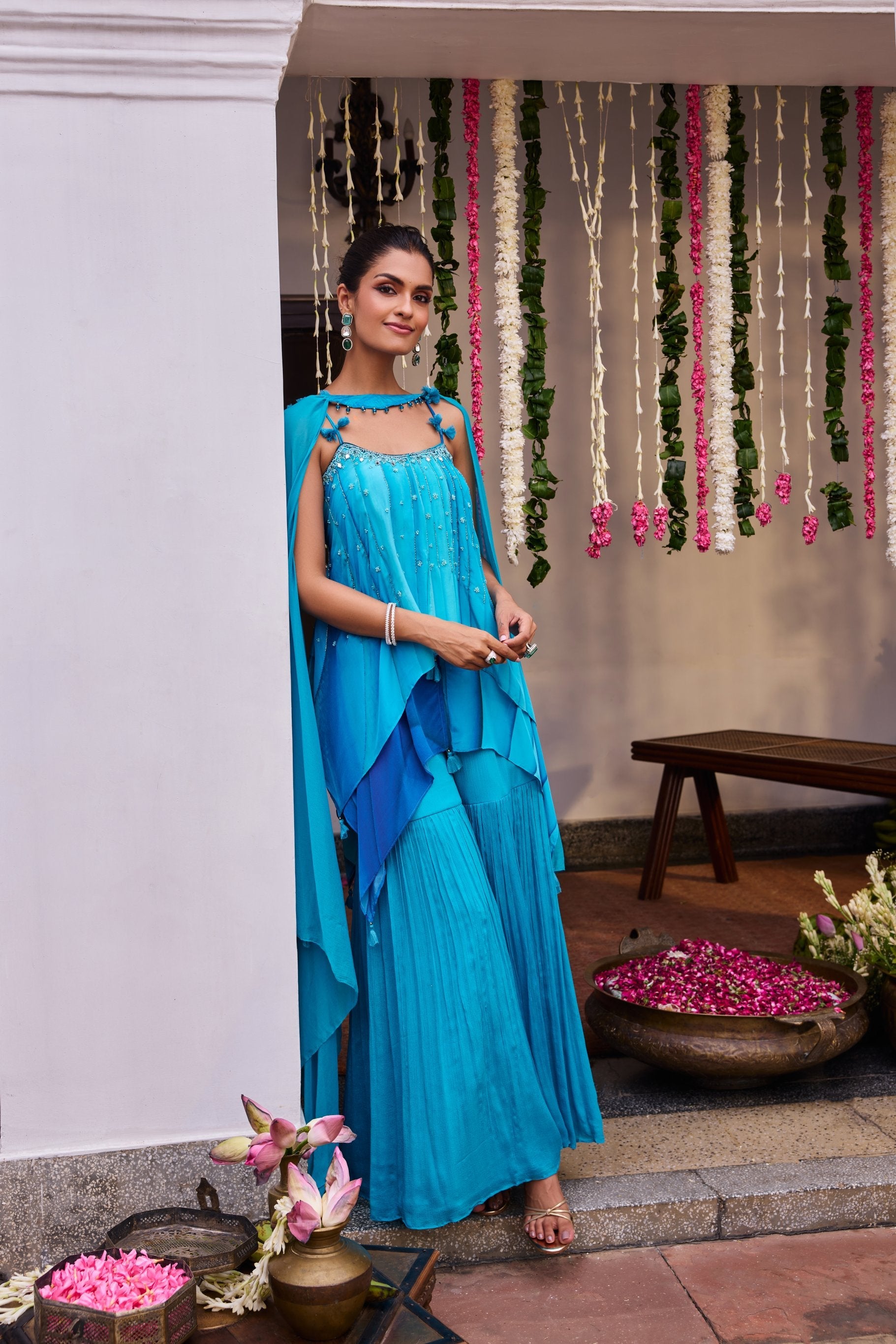 Blue Silk Printed Peplum Set With Palazoo