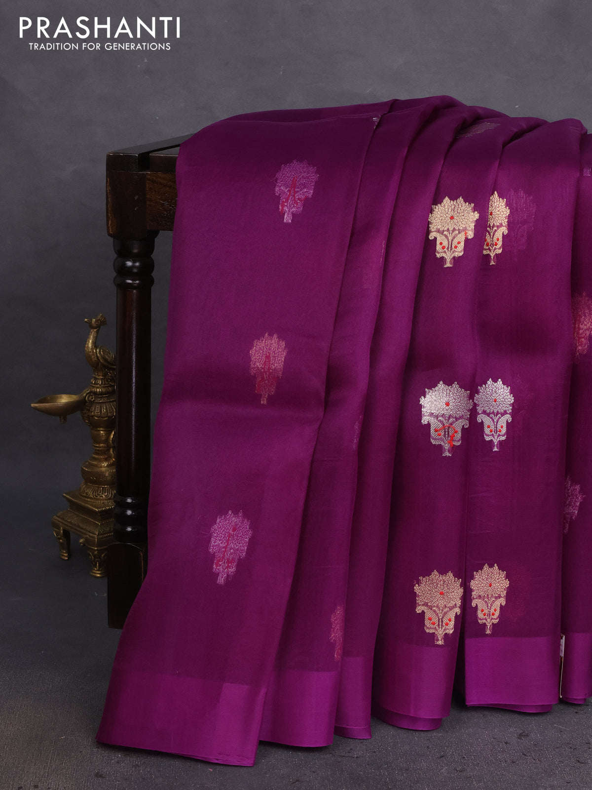 Banarasi organza silk saree deep purple with silver & gold zari woven buttas and satin border