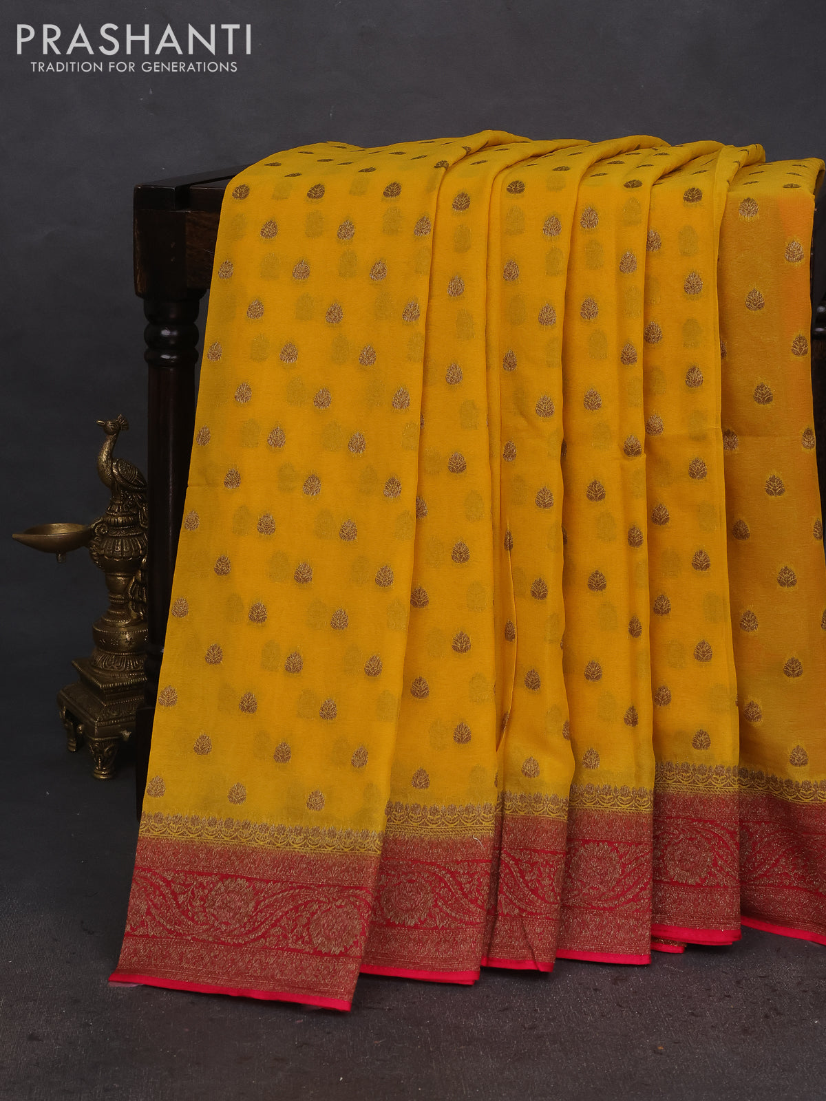 Banarasi semi georgette saree mustard yellow and pink with allover thread & zari woven buttas and woven border