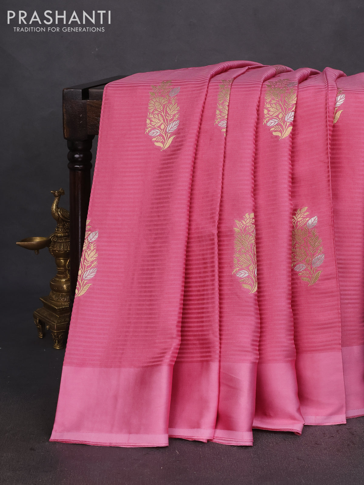 Banarasi mushru silk saree pink with allover stripes pattern & zari weaves and satin border