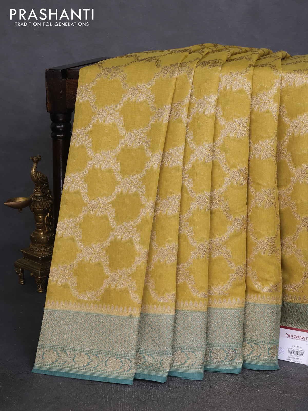 Banarasi silk cotton saree lime yellow shade and pastel blue with allover thread & zari weaves and woven border